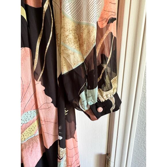 Lulu’s Wondrous Water Lilies Dress Long Sleeved Chiffon w/ Slit size Large - Picture 6 of 6